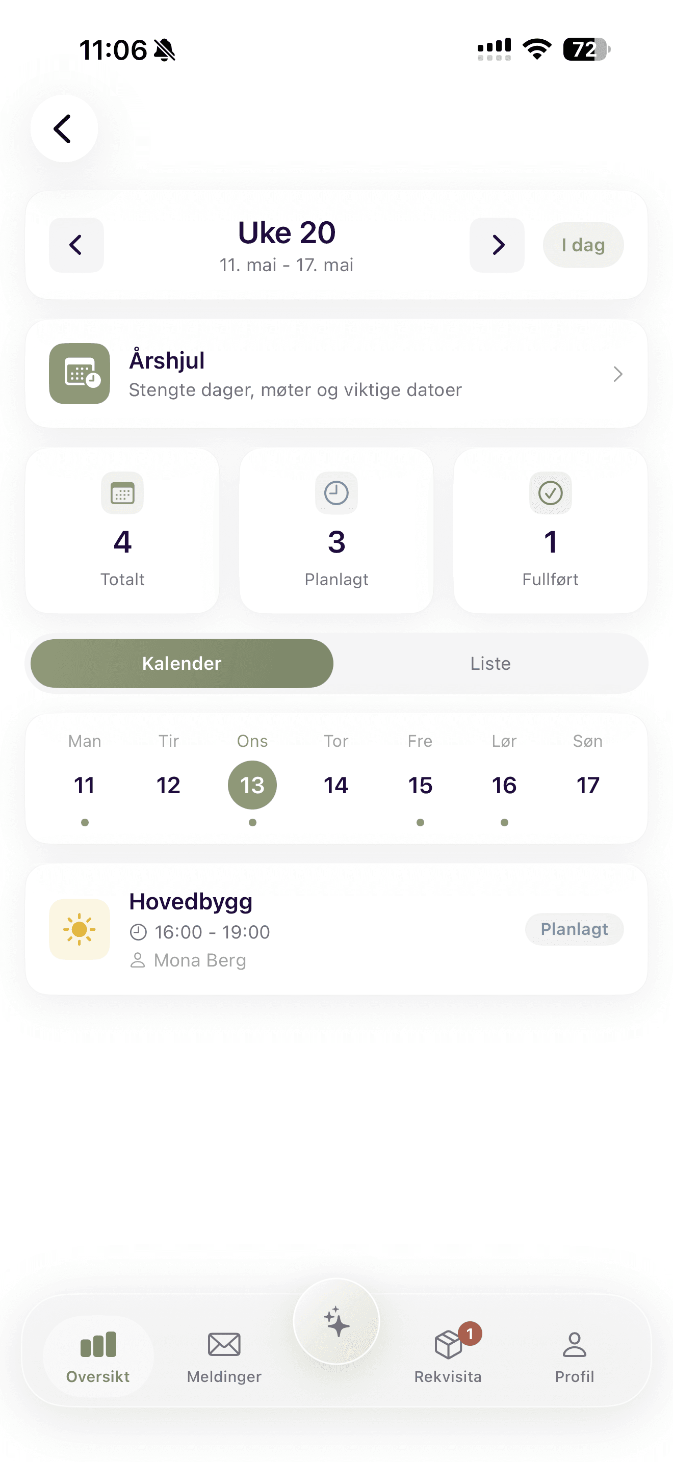 Renholdskalender med planlagte og fullførte besøk i CoreClean kundeapp
