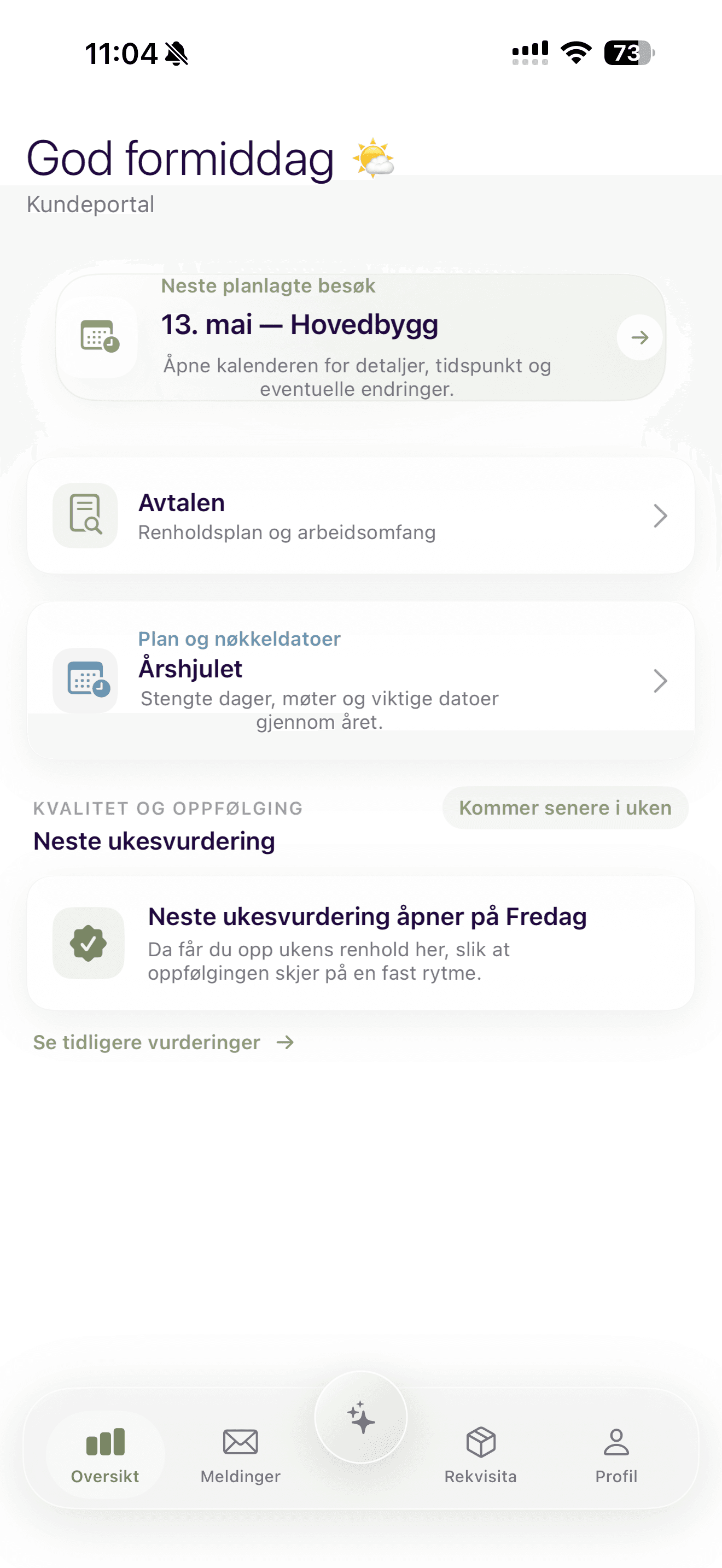 Oversikt over neste besøk, avtale og kvalitetsoppfølging i CoreClean kundeapp